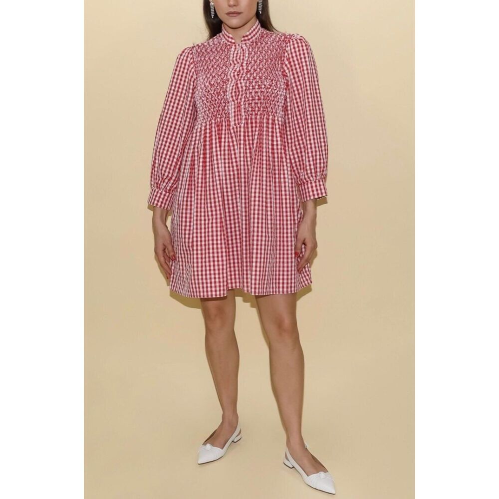 Red White Gingham Smocked Mini Dress Babydoll Cottagecore Boho Coquette Small‎